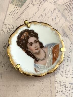 Vintage Limoges France Porcelain Portrait Brooch Pendant Romantic Lady Pin